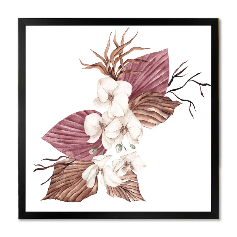 Bouquet de fleurs tropicales blanches I - reproduction d'art sur toile traditionnelle, H 16 po x l 16 po x P 1 po, Noir