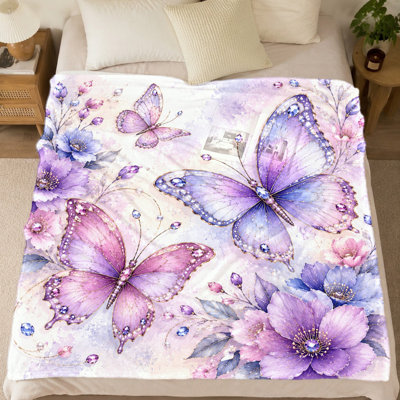 Couverture en flanelle à imprimé papillon (1 pièce) - Motif délicat et floral ; teintes roses et violettes éclatantes. Douce et chaude pour la maison. Parfait pour le divan, le lit ou les voyages. Apporte une touche d'élégance à n'importe quelle pièce. Convient à tous les âges. Articles de literie et de canapé.
