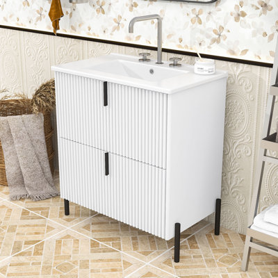 Meuble-lavabo cannelé élégant avec lavabo en céramique, tiroirs à fermeture en douceur et trous pré-percés