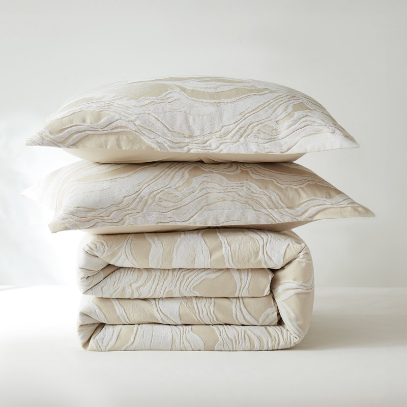 Cascade Wave Cotton Duvet Cover Cream/White 3 Piece Set King, Cream, King Duvet Cover + 2 King Shams