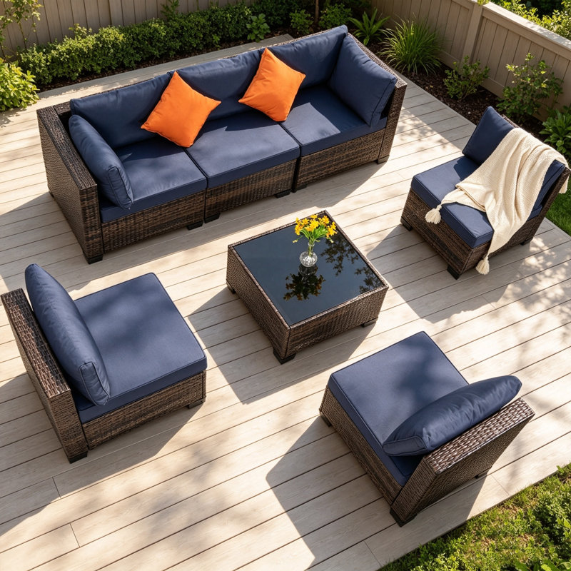 Ensemble de meubles de patio 7 pièces, ensemble de canapé modulaire en osier, ensemble de conversation modulaire en rotin avec coussins, ensemble de canapé et table basse pour l'extérieur, jardin, balcon, porche