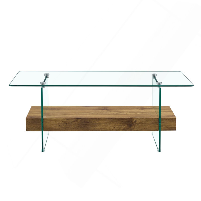 Table basse moderne 43,3 pouces à deux niveaux - Design élégant en verre transparent et bois clair. Utilisation polyvalente comme table basse, table d'appoint ou présentoir
