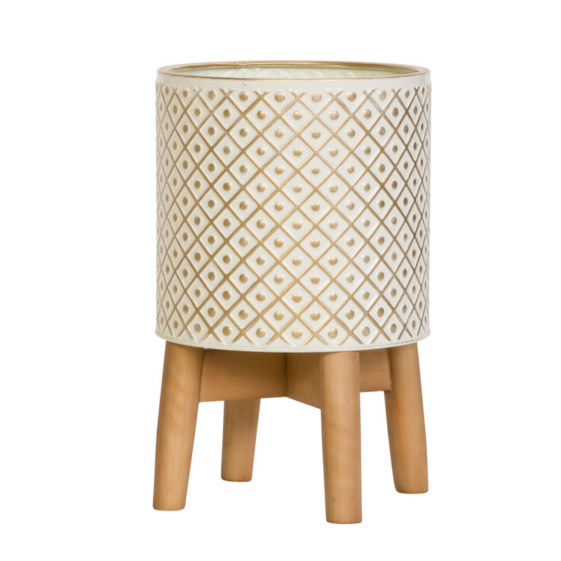 Enajah Mid Century Modern Indoor Metal Pot Planter 4-Leg Wood Base, 13.5" H x 8.5" W x 8.5" D
