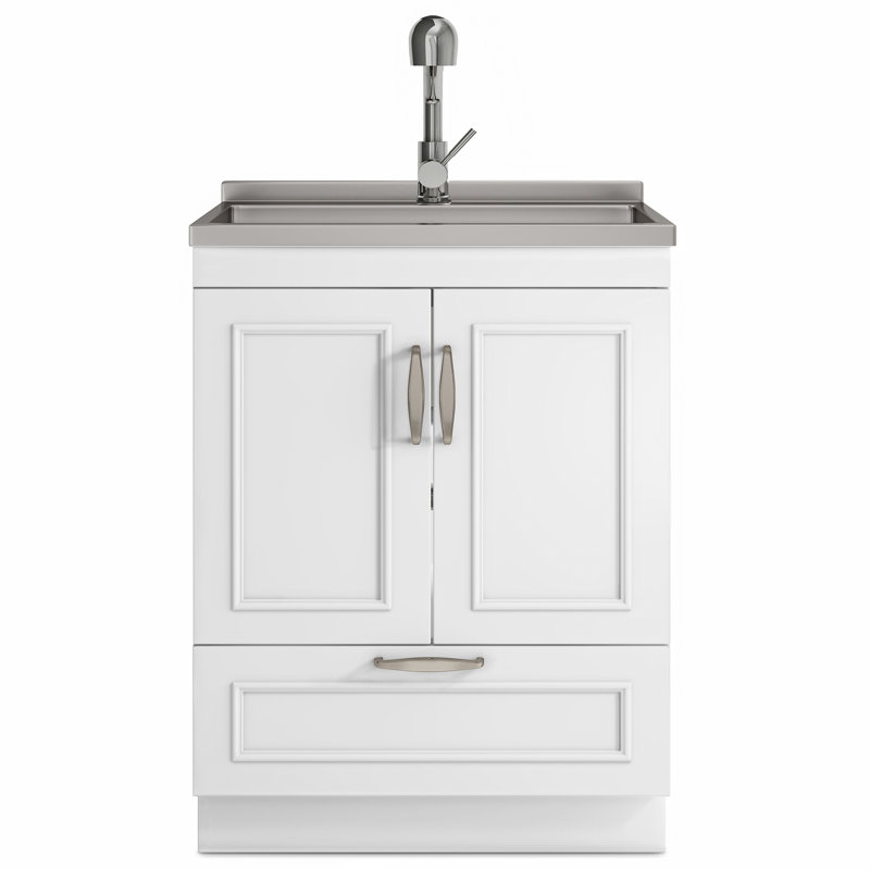 Cardinal 28"W Utility Sink & Laundry Cabinet with High Arch Pull-Out Faucet and Stainless Steel Sink, White