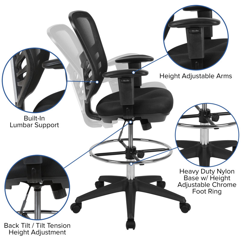 Black Mesh Mid-Back Ergonomic Drafting Chair with Adjustable Arms