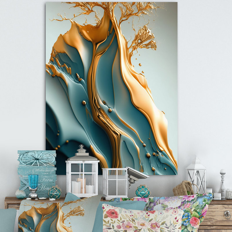 «Abstract Blue and Gold Leaves III», reproduction sur toile, H 44 po x l 34 po x P 1,5 po, Toile tendue