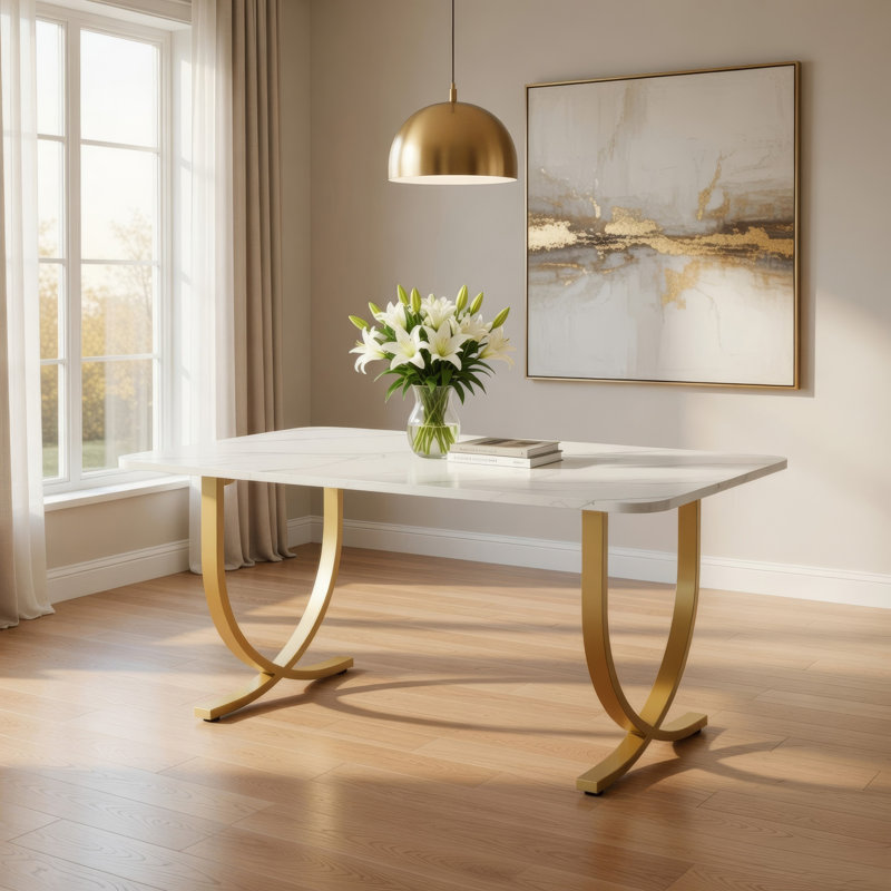 Table de salle à manger, métal doré géométrique moderne, faux marbre blanc de 63 pouces