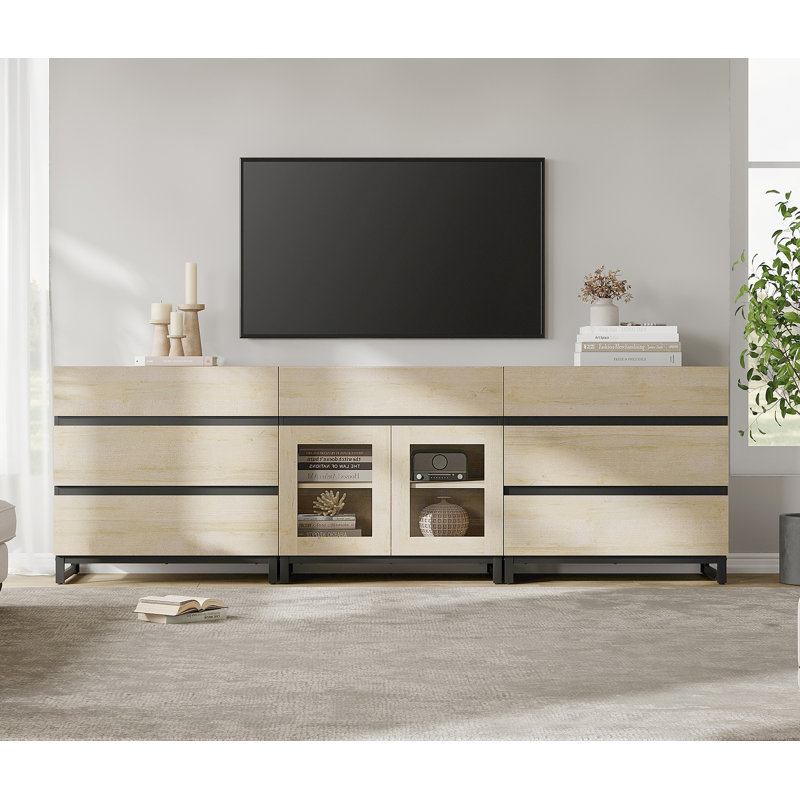 Modern TV Stand For Tvs Up To 100 Inch, 3 In 1 TV Console With Glass Doors And 7 Drawers, Media Console With Adjustable Shelf For Living Room, Bedroom