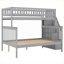 Structure de lit superposé d'escalier en pin gris aux tons gris, configuration simple sur lit double avec conception divisée convertible et rangement latéral