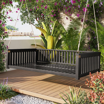 Patio Minimalist Twin Size Garden Swing Bed Wood Porch Swing with Ropes for Backyard, Safe Sloped Design, Gray