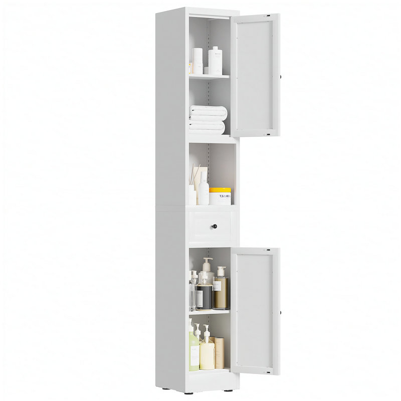 Armoire de rangement pour salle de bain de 71 pouces de hauteur, armoire étroite en métal à 5 niveaux avec 2 portes et tablettes réglables, armoire autoportante pour économiser de l'espace dans la cuisine, la salle de lavage, le garde-manger, blanc
