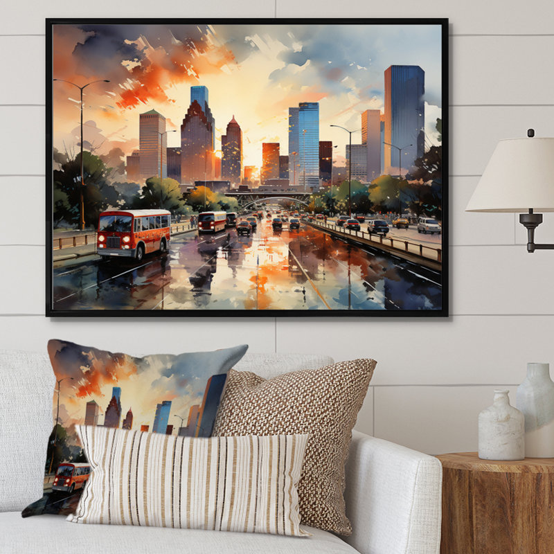 " Houston City Horizons I ", 12" H x 20" W x 1" D, Black Floater Framed