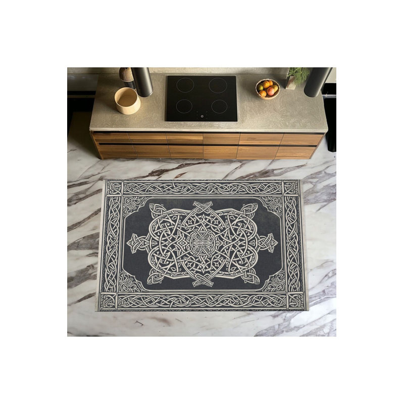 Tapis noir lavable à motif géométrique à motifs tissés, Sous-tapis rectangulaire 2 pi 6 po x 4 pi 11 po