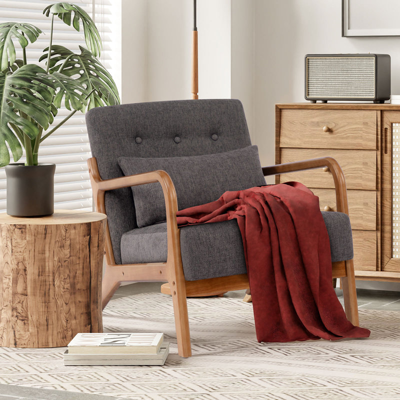 Walthill 63 cm Modern Scandinavian Solid Wood Armchair, Dark Grey, Linen Blend