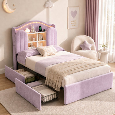3FT Single Kids Bed Frame with House LED Headboard & Storage
