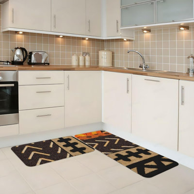 Beige Black Tribal Flannel Kitchen Mats, Set Of 2 Ethnic Home Decor Rugs For Kitchen & Bohemian Space