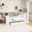 Lit plateforme en bois pleine grandeur avec tablettes de rangement, tiroirs, station de charge, DEL, bureau et tête de lit tapissier, coussin blanc et beige-787589222-787589221
