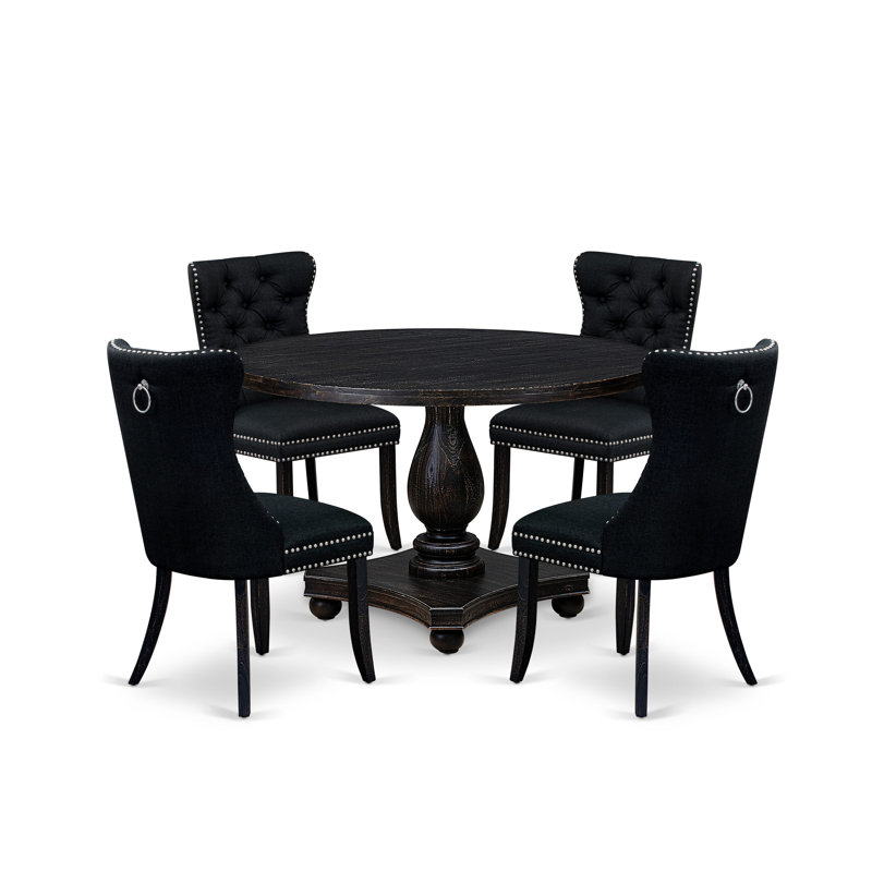 5 Piece Dining Room Set for 4 Contains a 48" Round Table with Pedestal and 4 Black Polyester Fabric Parson Chairs, Sand Blasted Black