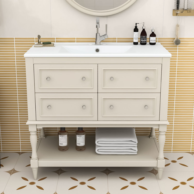 Elezabeth Wood Single Bathroom Vanity Cabinet with Ceramic Sink and Ample Storage, Beige