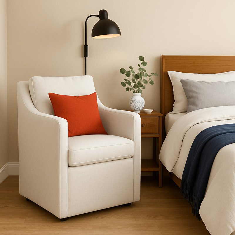 Fauteuil en chenille rembourré en mélange de duvet avec roulettes, Crème, crème