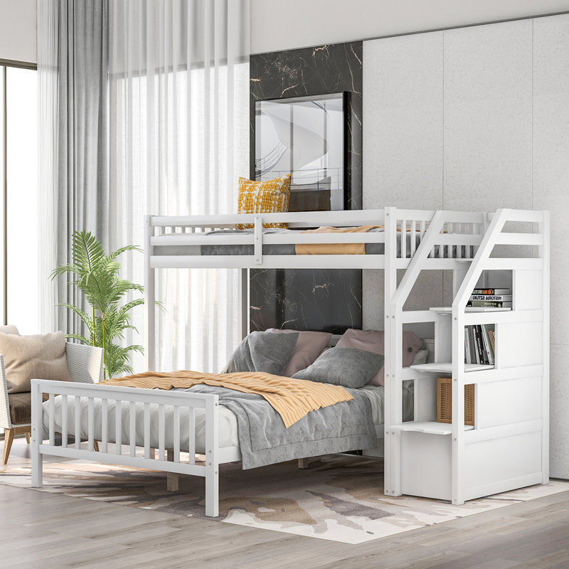 Lit mezzanine simple au-dessus d'un lit double avec escalier, blanc, Blanc