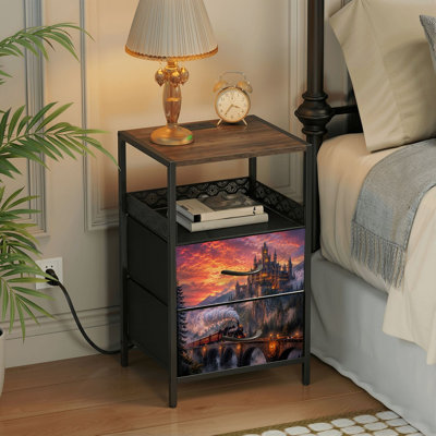 Table de chevet 2 tiroirs avec station de charge, table de chevet pour chambre à coucher avec ports USB, tablette ouverte noire, table de chevet avec pont arqué Fantasy Castle Sunset