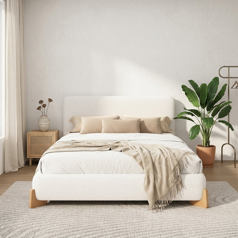 Lit plateforme tapissier pleine grandeur blanc avec base en bois Boucle, Full