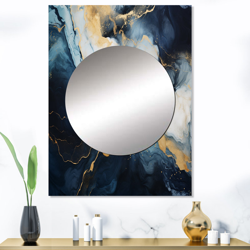 Quanasia or et bleu abstrait peinture de marbre IV - miroir mural en marbre, miroir décoratif moderne, impression d'art en métal