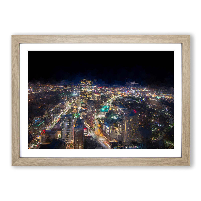 Night in Boston Massachusetts in Abstract - Picture Frame Graphic Art Print, 48cm H x 65cm W x 2cm D, Oak Framed