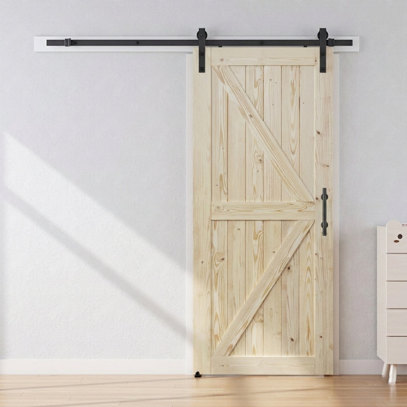 Porte de grange à panneaux en bois massif avec trousse de quincaillerie d'installation, 42 po x 84 po, Non fini