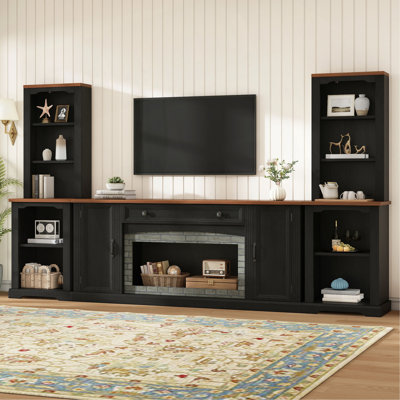 3-Piece TV Stand Set with Curved Side Cabinets for TVs Up to 70", Farmhouse Entertainment Center with Bookshelves, Stylish Walnut Sideboard with Drawe