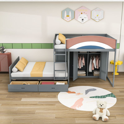 Full Wooden Loft Bunk Bed with Closet, Storage Drawers