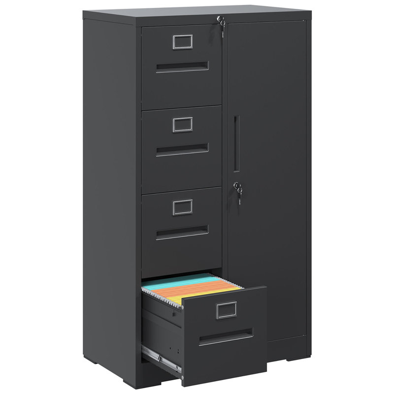 Classeur vertical en métal 4 tiroirs avec verrou Mak Peace | Armoire de rangement pour bureau personnel pour suspendre des dossiers de format légal / lettre / A4 avec porte verrouillable, noir, assemblage requis
