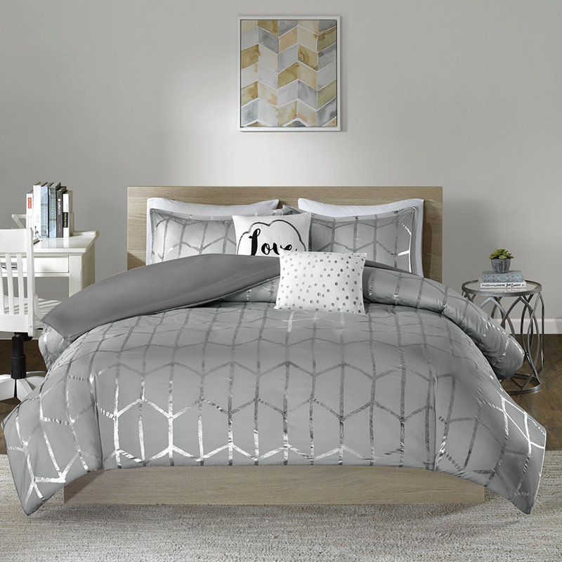Housse de couette simple / simple TG avec motif géométrique argenté et matériau de base gris élégant