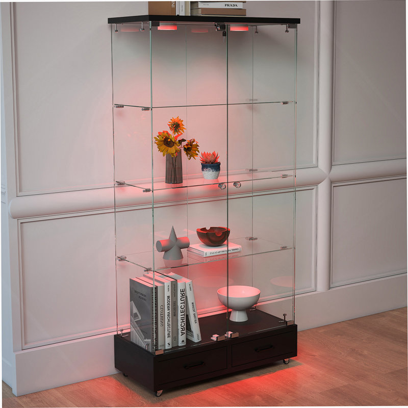 Modern Glass Display Cabinet with 2 Large Drawers , Quick-assembly Antique Cabinet with LED lights, Tempered Glass Bookshelf, 2-Door Storage Case with 4 Shelves