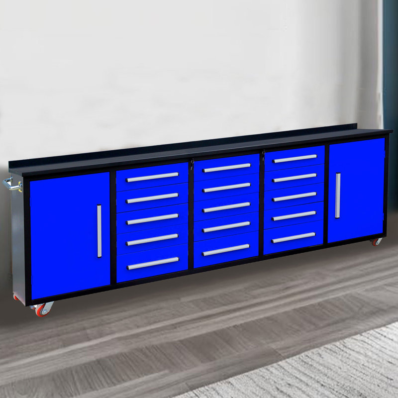 Armoire de rangement 10 pi avec banc de travail (15 tiroirs et 2 armoires) bleu, Bleu