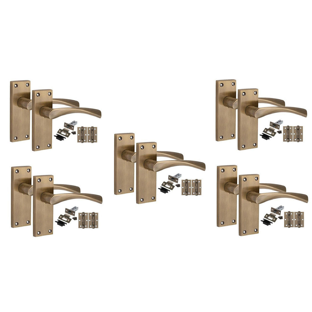 Golden Grace 5 Pairs Victorian Design Astrid Door Handle Internal Pack Antique Brass Finish - Bathroom and Lock Set with Hinges - 120mm x 40mm