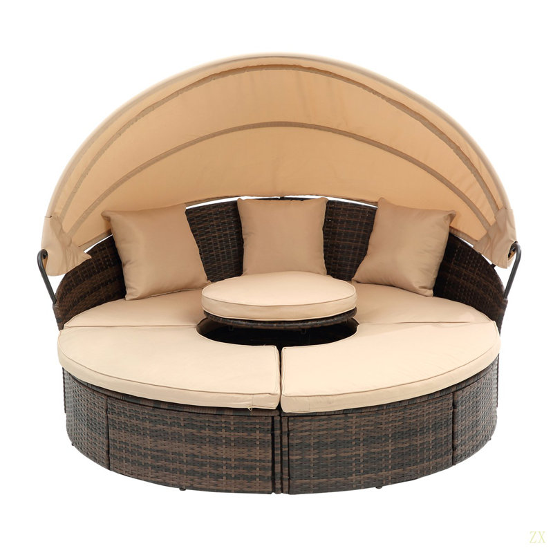 KD Rattan Round Lounge With Canopy Bali Canopy Bed Outdoor, Wicker Outdoor Sofa Bed With Lift Coffee Table, Beige