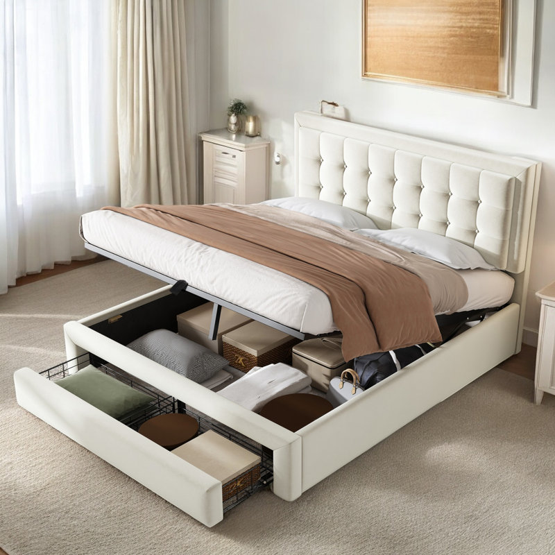 Abhia Upholstered Bed, Cream, Double (4'6)