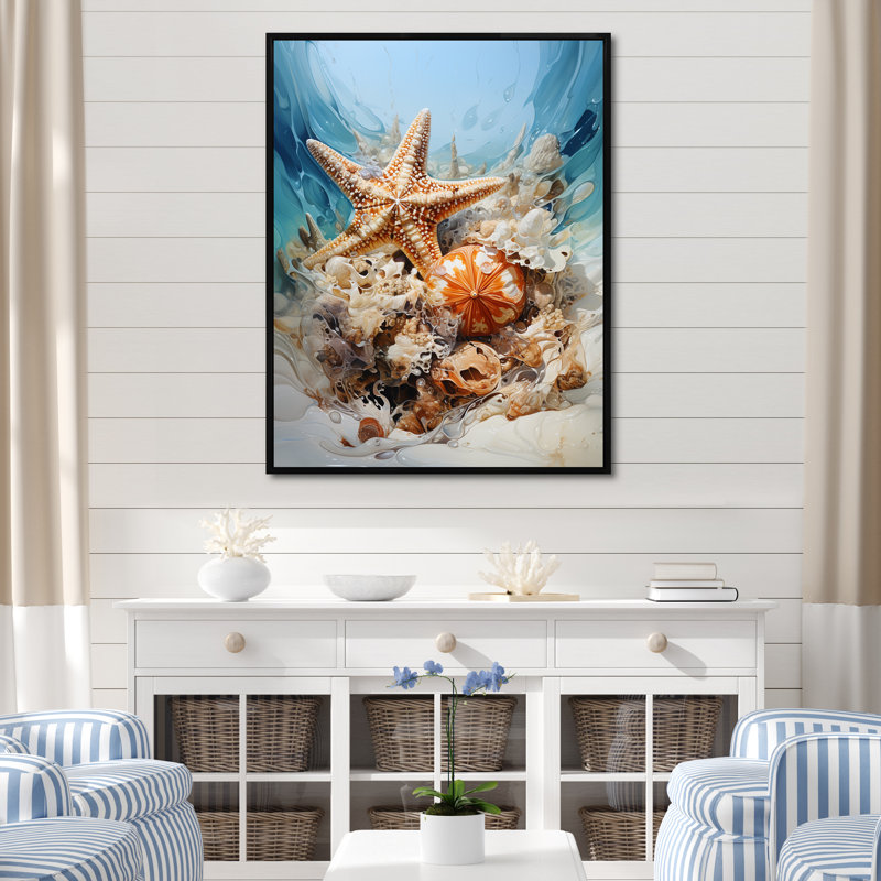 Étoile de mer sur la plage III - art mural bord de mer tropical, Cadre flottant noir, H 40 po x l 30 po x P 1,5 po