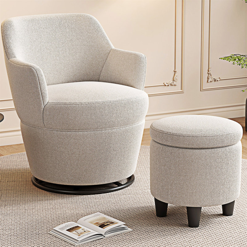 Fauteuil d'appoint pivotant moderne avec repose-pieds, Lin de coton blanc