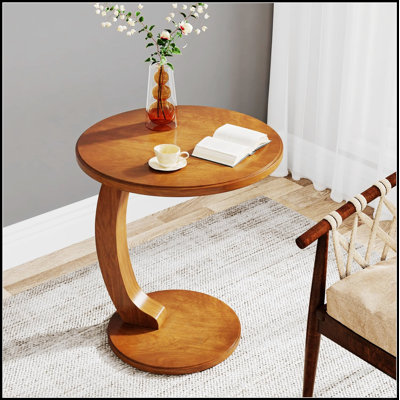 Table de bout ronde en forme de C 18,9 pouces, petit canapé, table d'appoint pour le salon ou la chambre à coucher, table de chevet rétro Boho avec placage en bois massif, imperméable et résistante aux égratignures