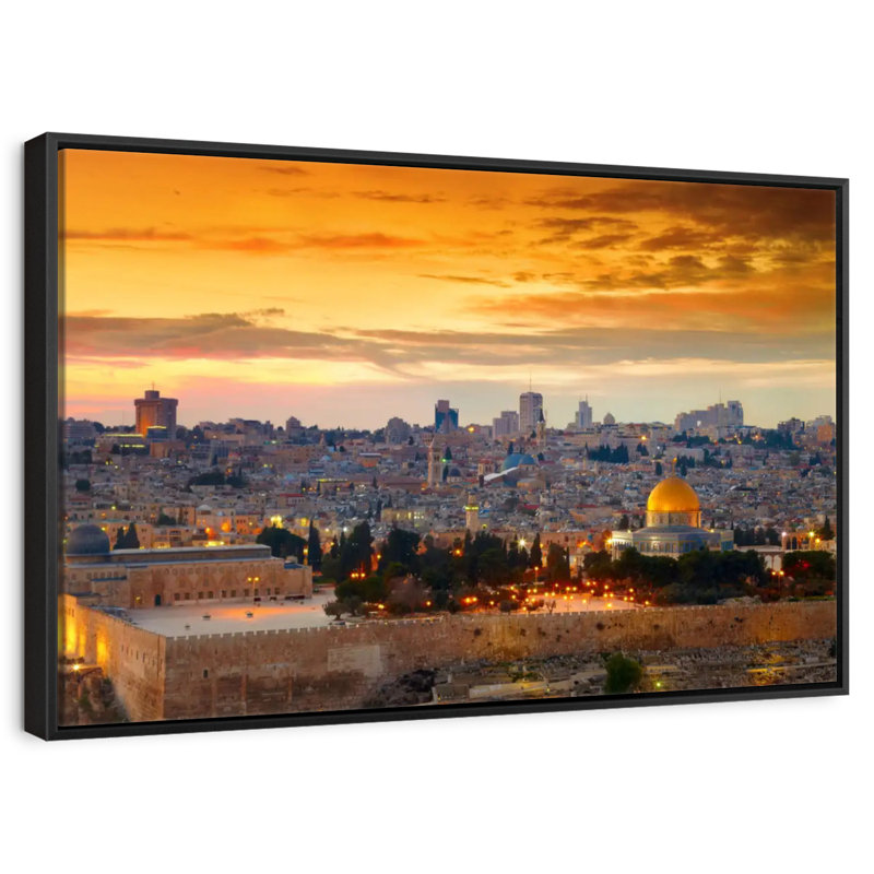 Paysage urbain de coucher de soleil de Jérusalem, Cadre flottant noir, 37 po x 25 po