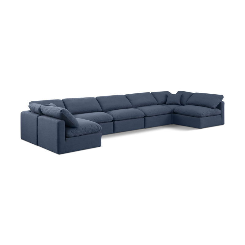 Grand canapé modulaire rembourré 7 pièces Itala, Tissu texturé en lin bleu marine