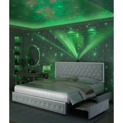 Cadre de lit plateforme tapissier rétro avec projecteur Galaxy, 4 tiroirs de rangement à l'épreuve de la poussière, tête de lit ajustable avec garniture cloutée, cadre de lit à DEL, aucun sommier requis, assemblage facile, Khyrell