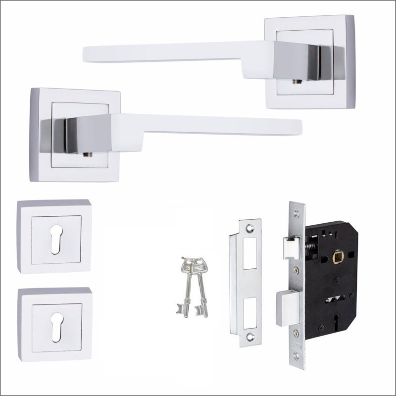  Zeta Premium Design Door Handles Set on Square Rose in Polished Chrome Finish with 2.5" 3 Lever Lock and Keyhole Escutcheon