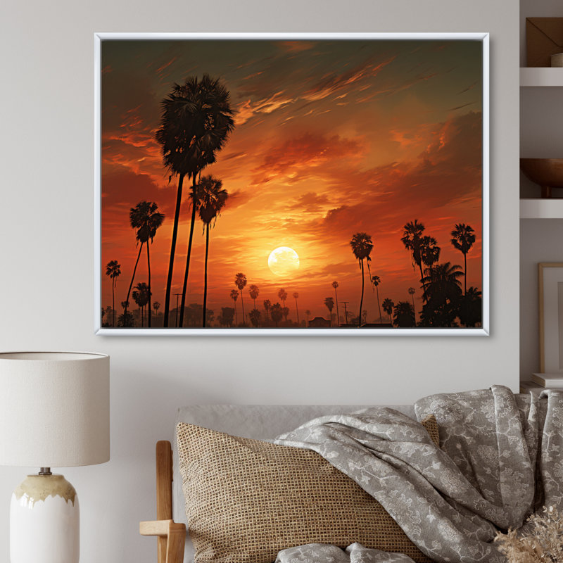 " Sunset With Palm Trees ", 30" H x 40" W x 1.5" D, White Floater Framed