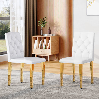 Set Of 2 White PU Leather Dining Chairs With Ergonomic Buckle Backrest And Golden Metal Legs