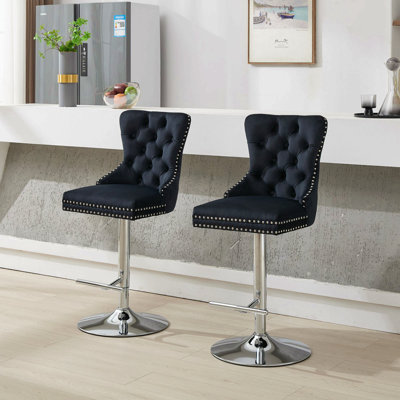 Swivel Velvet Barstools,Adjustable 25-33"Height,Modern Upholstered With 17.7" Base,Tufted Buttons&Diamond Pleating,Sponge&Spring Seat
