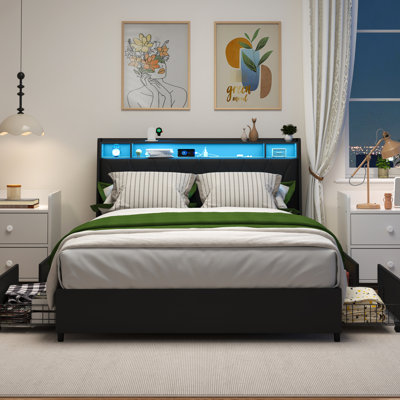 Cadre de grand lit, tête de lit ergonomique, plateforme avec charge, DEL, rangement, lit en métal, sans sommier pour la chambre à coucher